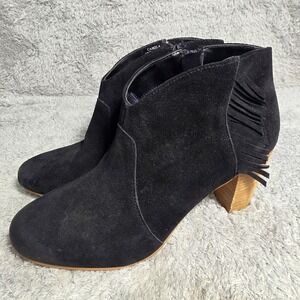Tahari Western Ankle Booties Black Suede Leather Fringe Block Heel Womens 10 EXC
